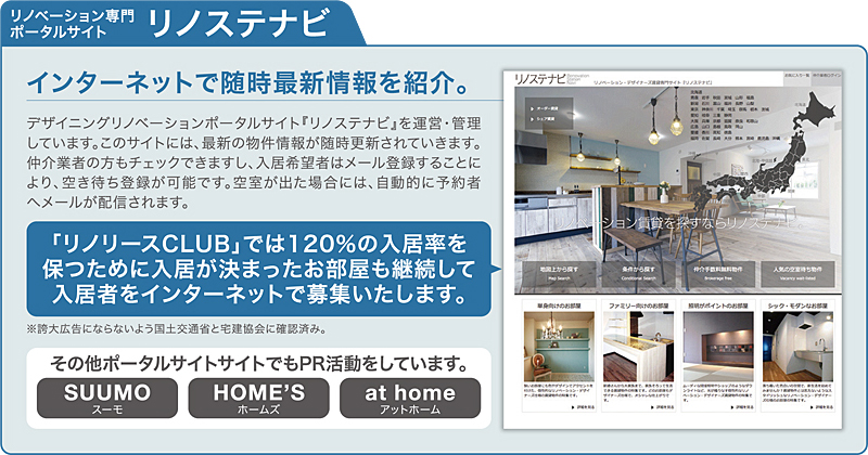 リノベーション専門 ポータルサイト リノステナビ インターネットで随時最新情報を紹介。 デザイニングリノベーションポータルサイト『リノステナビ』を運営・管理 しています。このサイトには、最新の物件情報が随時更新されていきます。 仲介業者の方もチェックできますし、入居希望者はメール登録することに より、空き待ち登録が可能です。空室が出た場合には、自動的に予約者 へメールが配信されます。 「リノリースCLUB」では120%の入居率を 保つために入居が決まったお部屋も継続して 入居者をインターネットで募集いたします。 ※誇大広告にならないよう国土交通省と宅建協会に確認済み。 その他ポータルサイトサイトでもPR活動をしています。 SUUMO スーモ HOME'S ホームズ at home アットホーム