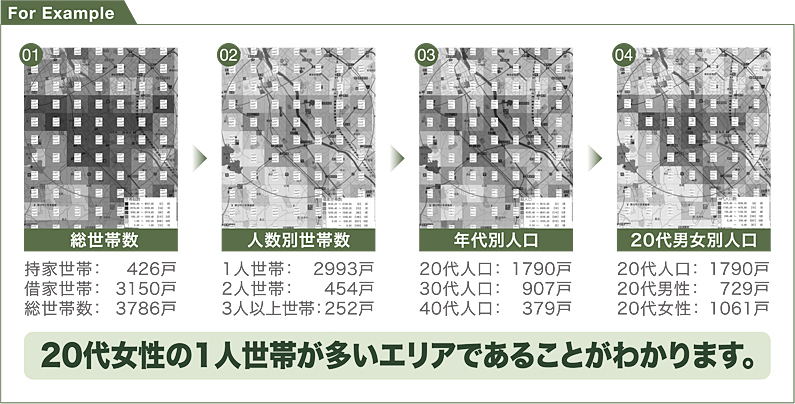 For Example 01　　総世帯数　 持家世帯:　　426戸 借家世帯：　　3150戸 総世帯数:　　3786戸 02　　人数別世帯数 1人世帯:　　2993戸 2人世帯:　　454戸 3人以上世帯:252戸 03　　年代別人口 20代人口:　　1790戸 30代人口:　　　907戸 40代人口:　　　379戸 04　　20代男女別人口 20代人口:　　1790戸 20代男性:　　　729戸 20代女性:　　1061戸 20代女性の1人世帯が多いエリアであることがわかります。